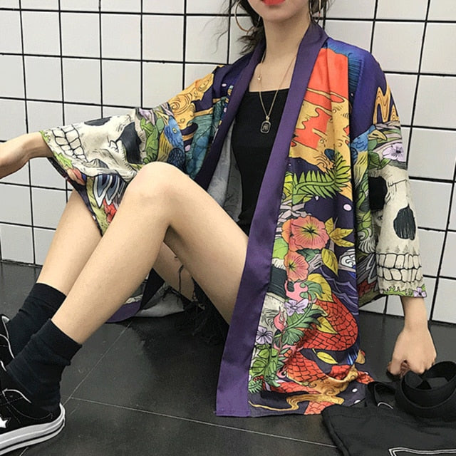 Summer Japanese Harajuku Kimono Skull