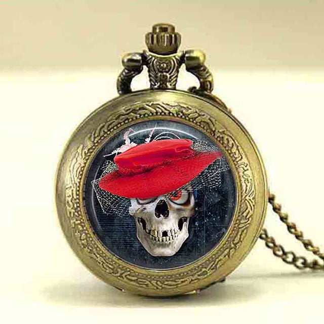Vintage Skull skeleton pocket watch Necklace skull quartz watch sugar skull necklace watches chain steampunk mens