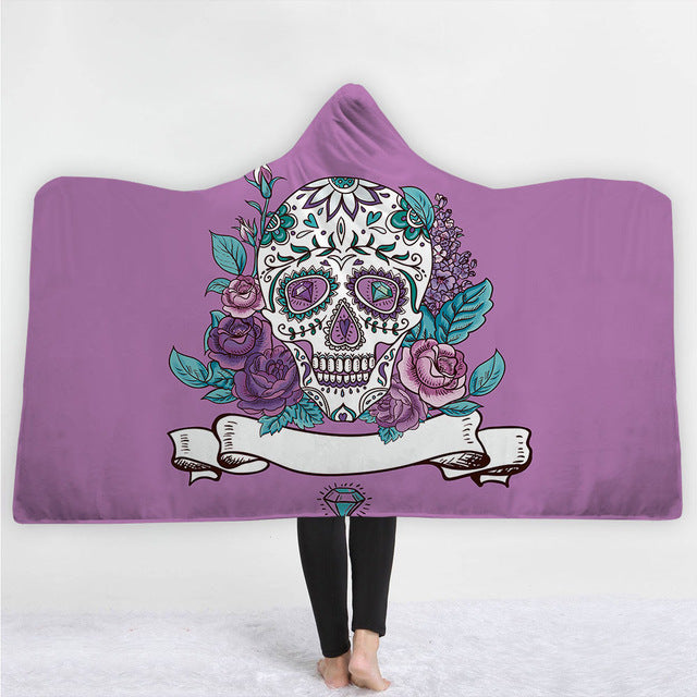 Sugar Flower Skull Hooded Blanket Poncho Throw Wearable Fleece Soft Plush Plaid Manta For Adults Funny Large Warm Blankets