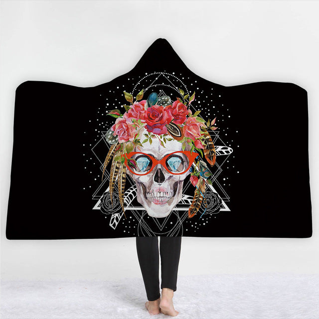 Sugar Flower Skull Hooded Blanket Poncho Throw Wearable Fleece Soft Plush Plaid Manta For Adults Funny Large Warm Blankets