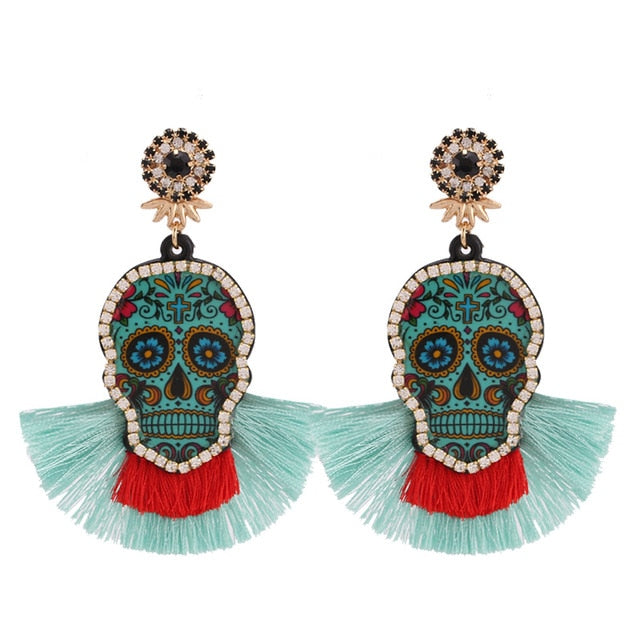 Fashion  Women Multicolored Skull Pendant Fringed Earrings