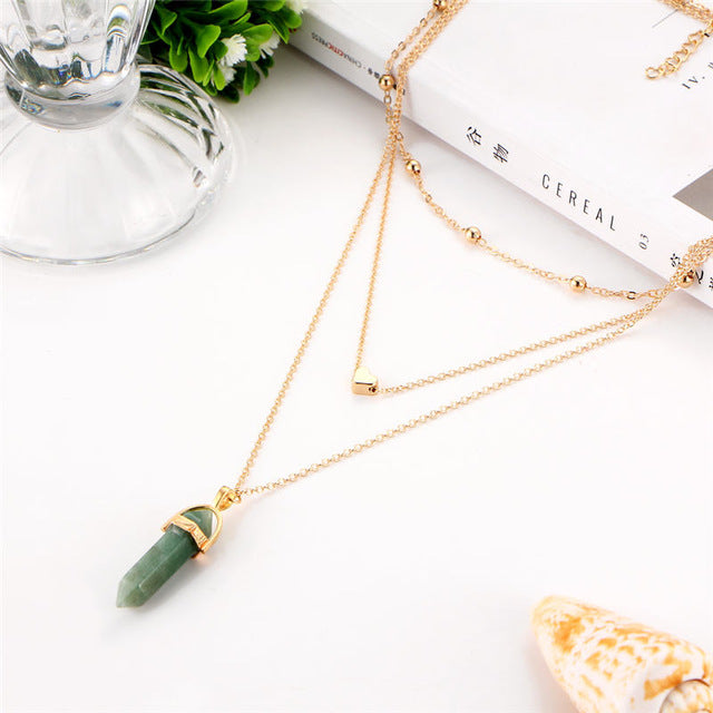 Fashion Natural Stone Choker Necklace Hot Sale Trendy Heart Double Layers Gold-Color Chain Women Pendant Necklace