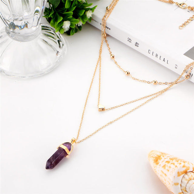 Fashion Natural Stone Choker Necklace Hot Sale Trendy Heart Double Layers Gold-Color Chain Women Pendant Necklace