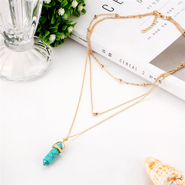 Fashion Natural Stone Choker Necklace Hot Sale Trendy Heart Double Layers Gold-Color Chain Women Pendant Necklace