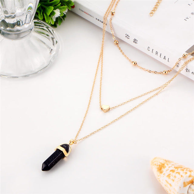 Fashion Natural Stone Choker Necklace Hot Sale Trendy Heart Double Layers Gold-Color Chain Women Pendant Necklace