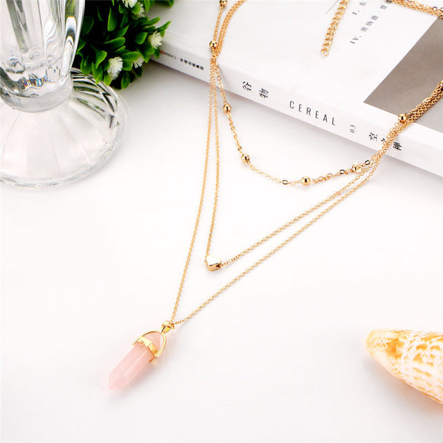 Fashion Natural Stone Choker Necklace Hot Sale Trendy Heart Double Layers Gold-Color Chain Women Pendant Necklace