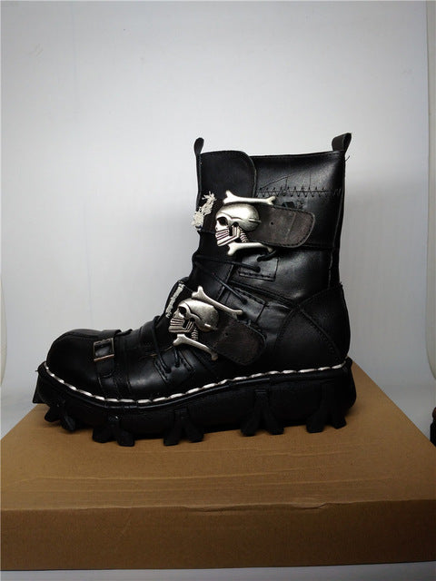 Size 38~49 Genuine Leather Men Motorcycle Boots Black Brown Ankle Boots Punk Style Army Boots Skull Metal