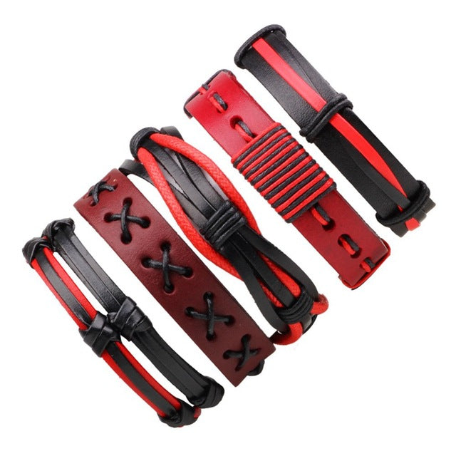 1Set/5-6PCs Punk Rock Skull Star Multi Charm Bracelet For Women Men Gothic Jewelry Braided Rope Leather Bracelet Men