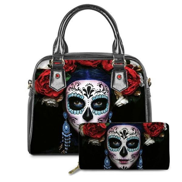 Set of 2 Sugar Skull Girls Handbags Women Gothic Bags & Wallet