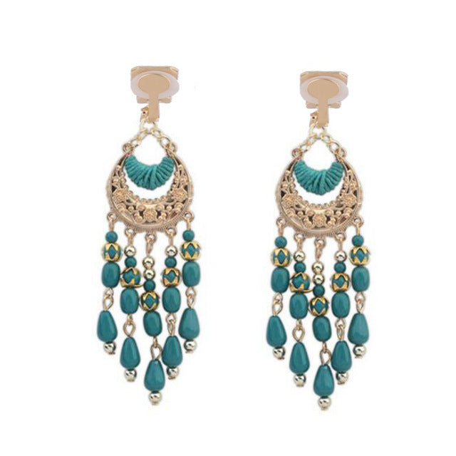 Grace Jun 8 Colors Choose Bohemian Style Resin Bead Clip on Earrings Non Piercing for Women Vintage Elegant Big Pierced Earrings