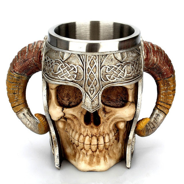 Viking Skull Mug 304 Stainless Steel Ram's Horn Lord Warrior Mugs Skull Valhalla Mug Beer Tankard Wine Tea Coffee Cup