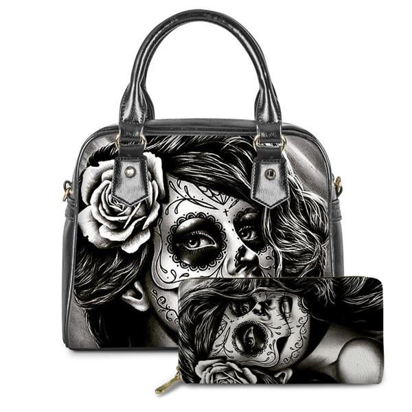 Set of 2 Sugar Skull Girls Handbags Women Gothic Bags & Wallet