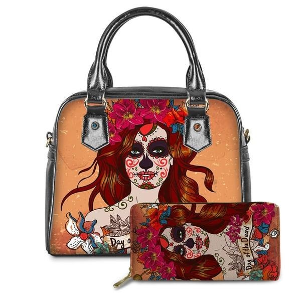 Set of 2 Sugar Skull Girls Handbags Women Gothic Bags & Wallet