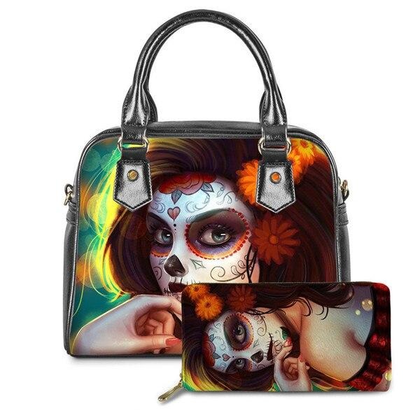 Set of 2 Sugar Skull Girls Handbags Women Gothic Bags & Wallet