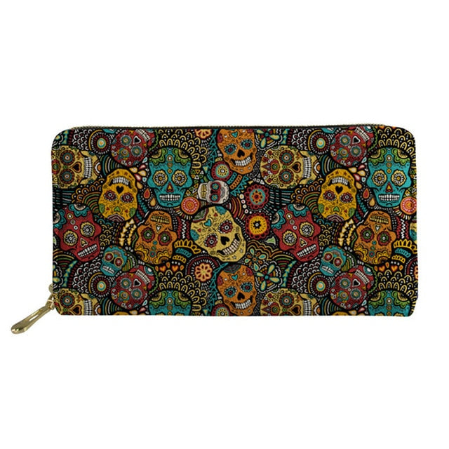 Colorful Sugar Skull Print Leather Wallet