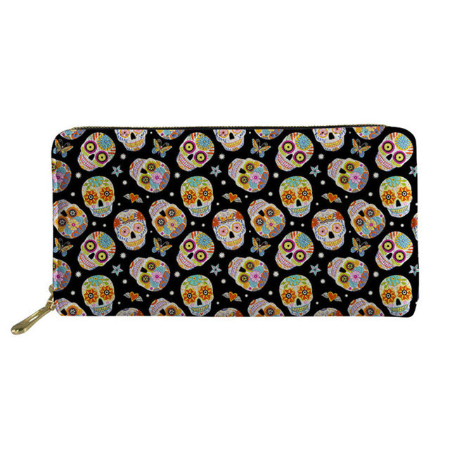 Colorful Sugar Skull Print Leather Wallet