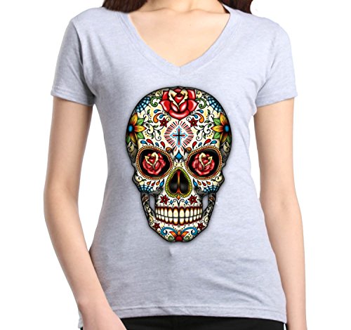 Skull Red Roses Women's V-Neck T-shirt Day of the Dead Shirts