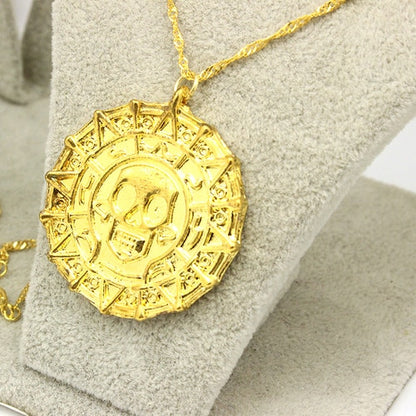 Pirates Of The Caribbean Necklace Aztec Skeleton Skull Heads Pendant Gold/Bronze Plated Vintage Men Statement Necklace Gifts