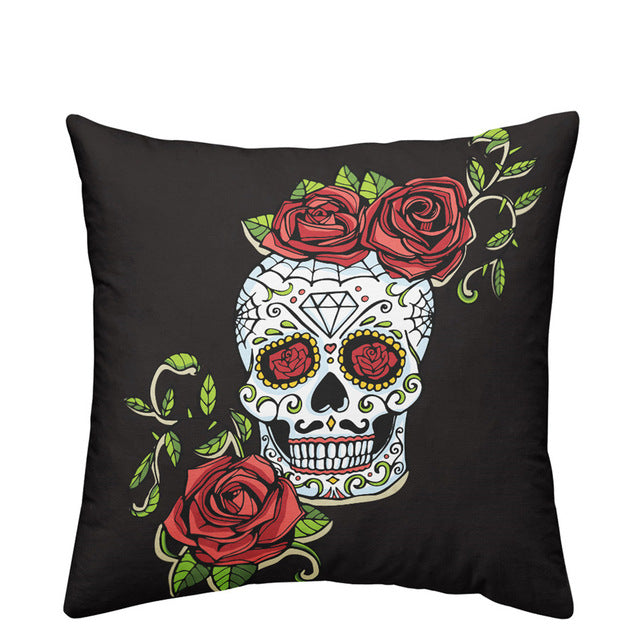 Halloween Sugar Skull Cushion Cover Red Rose Floral