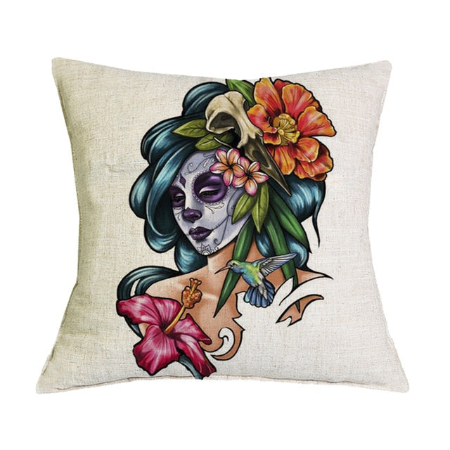 Day of the Dead Floral Skull Print Throw Pillows for Couch Halloween Decorative Pillow Covers Sugar Skull Girl Cushion Case