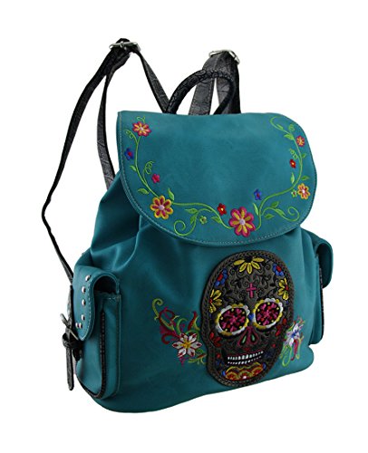 Vinyl Womens Backpack Purses Embroidered Sugar Skull And Floral Trim Concealed Carry Backpack