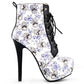 Sexy Blue Skull Floral Black Lace Up Gothic Club Ankle Boots