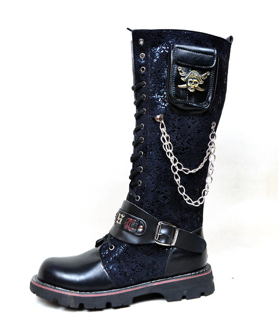 Black Army Gothic Boots Men Military Combat Metal Skull Buckle Motorcycle Punk High Leather Men's Shoes Rock Bota Masculina Hot