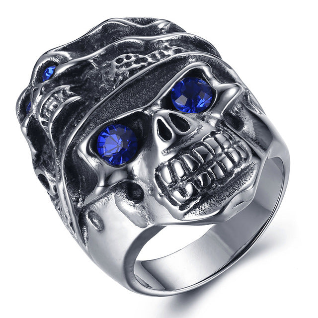 NEW Hot Selling Fashion Titanium Stainless steel Classic Retro Skull Men's Blue Zircon Ring US 7-13