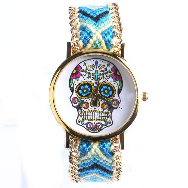 Fashion Sugar Skull Bohemian Stainless Steel Women Watch With 4 Colors Fabric Band For Gifts