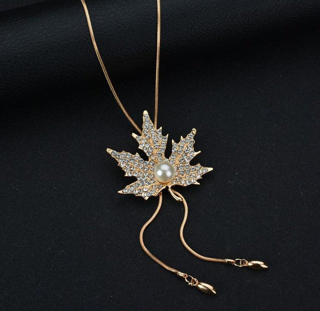 Long Necklaces Sweater Chain Fashion Fine Metal Chain Crystal Rhinestone Flower Leaves Pendant Necklace Pearl Jewelry