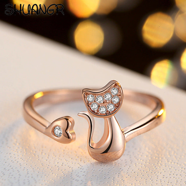 Charm Crystal Top Quality Cubic Zirconia Crystal Inlaid Cute Animal Cat Ring for Women/Girls