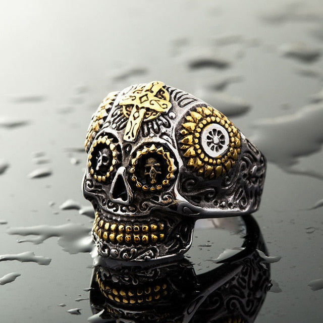 Hiphop Cool Men's Gothic Carving Ring Stainless Steel High Quality cross Skull ring Jewelry For man