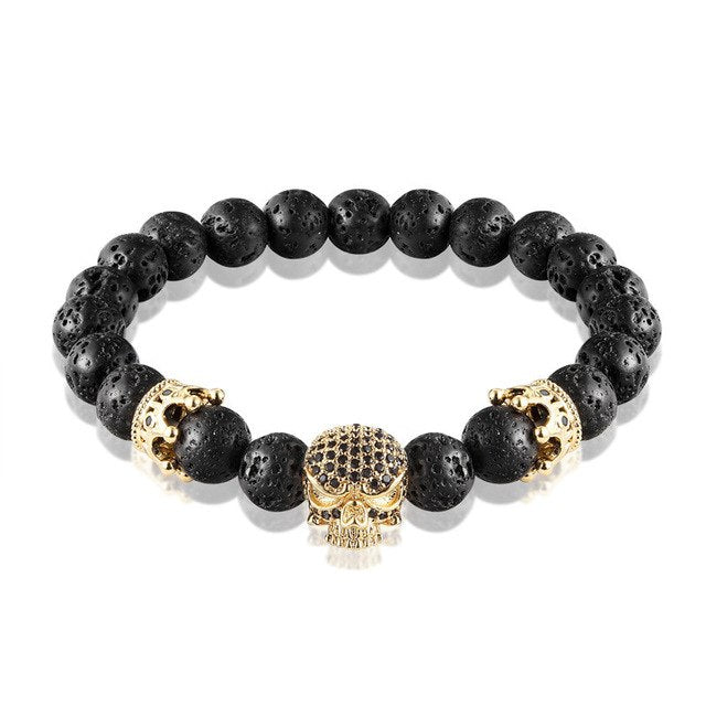 Brand Fashion Natural Beads Strand Bracelet Micro Pave CZ Black Skeleton Skull Corwn Lava Rock Stone Energy Men Buddha Jewelry