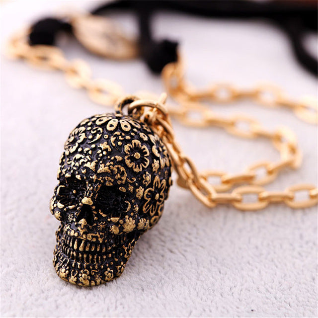 Miss Lady Punk  Women Retro skeleton Gothic Skull Pendant Necklace for Man with Vaintage Flower Cubic Zirconia Jewelry MLXL0101