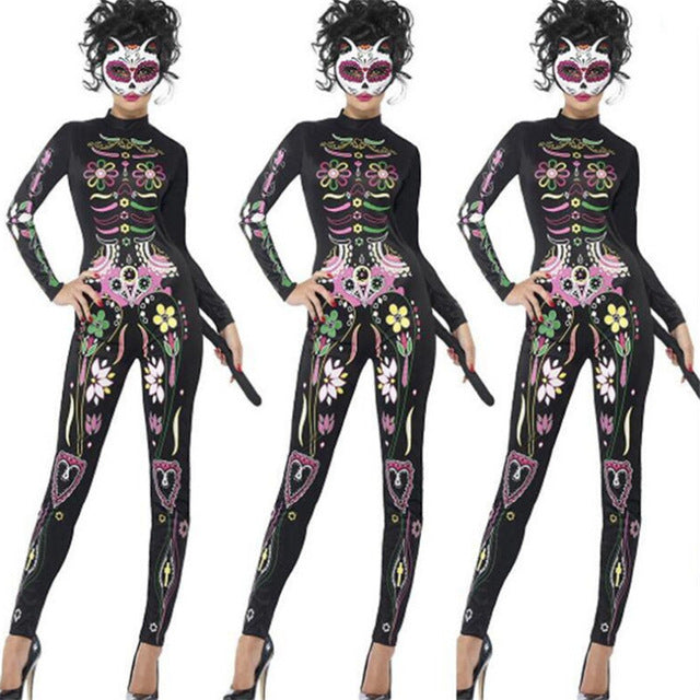 Halloween Long Sleeves Black Scary Skeleton Skull Joker Bodysuit