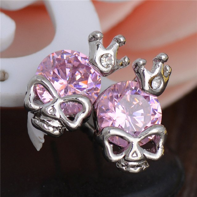 Hot Silver Color Cubic Zirconia CZ Cute Skull Pretty Stud Earrings For Women Girls 7 Colors Nice Shipping