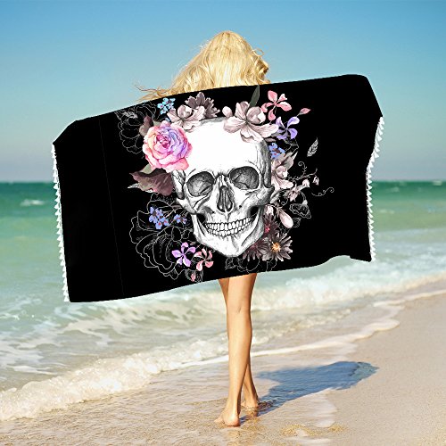 Sleepwish Skull Bathroom Towels Skull Flower Beach Towel with Tassels Super Soft Boys Girls Yoga Mat Towel 1 Piece (Red, 30"x60")