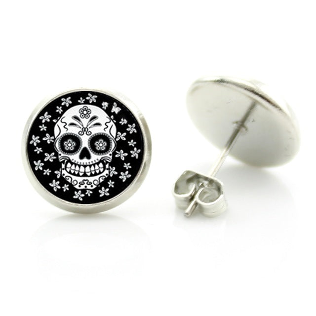 fashion colorful Sugar Skull glass cabochon women stud earrings men women day of the dead jewelry new holiday gifts D1014
