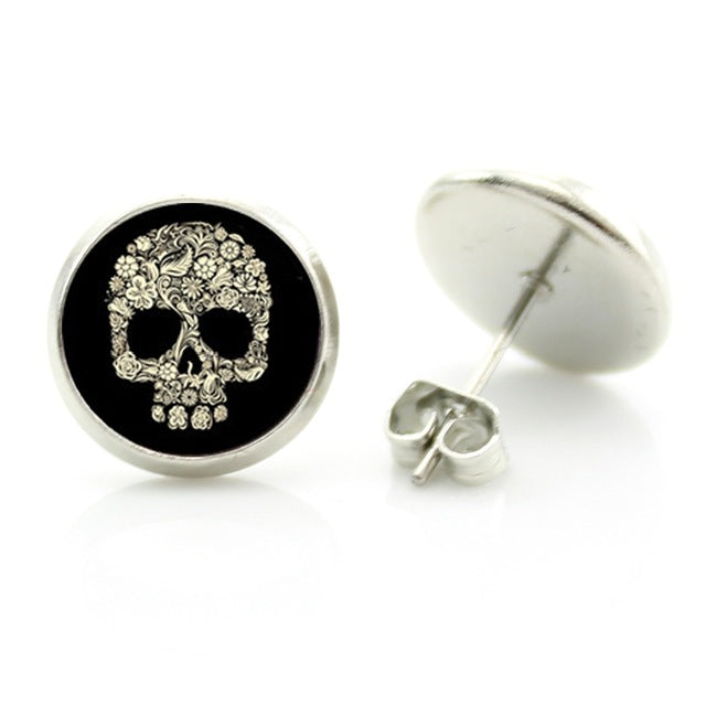 fashion colorful Sugar Skull glass cabochon women stud earrings men women day of the dead jewelry new holiday gifts D1014