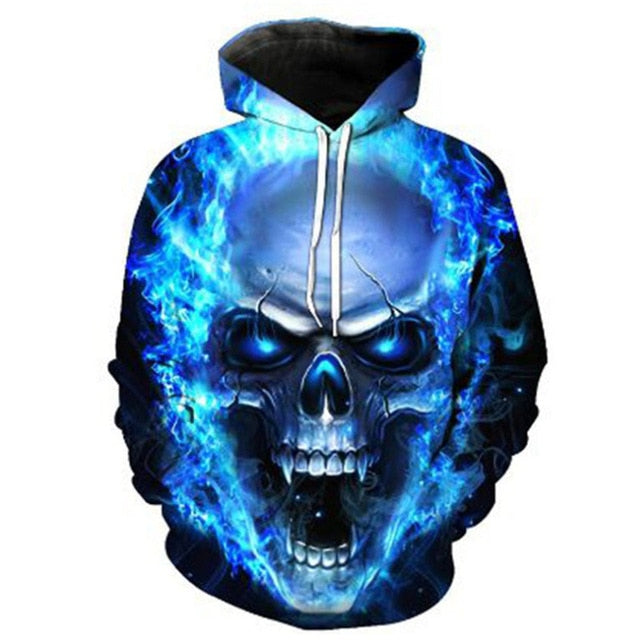 Hooded 3D Blue Red Flame Skull Hoodies Sweatshirts