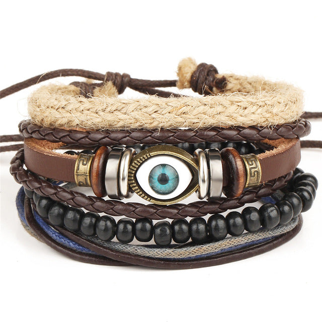 New Fashion Bead Leather Bracelets & bangles for Women 3/4 pcs 1 Set Multilayer Wristband Bracelet Men Pulseiras
