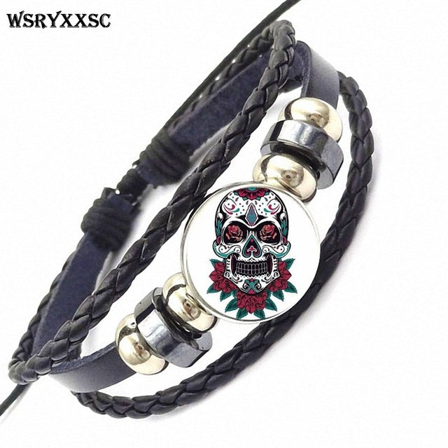 Sugar Skull For Women Girls Handmade New Brand Jewelry With Glass Caochon Black Leather Bracelet Bangle