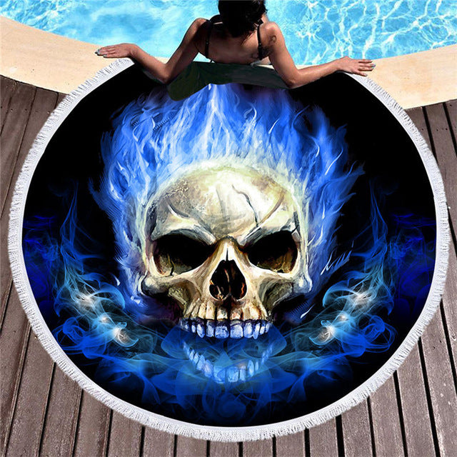 Flame Skull Large Round Beach Towel 3D Blue Yellow Fire Microfiber Toalla Picnic Blanket Gothic Yoga Mat 150cm