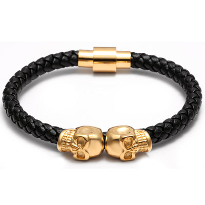 19/20cm Men Leather Jewelry Black Genuine Leather Gold Stainless Titanium Steel Double Skull Bracelet Bangles