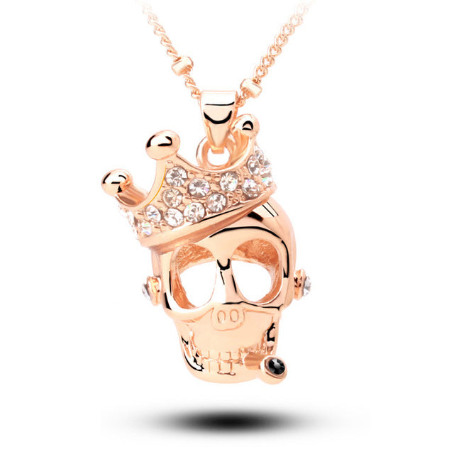 Rose Gold Color Crystal Crown Skull Skeleton Necklaces Pendants Wholesales Fashion Jewelry for women MKL5149