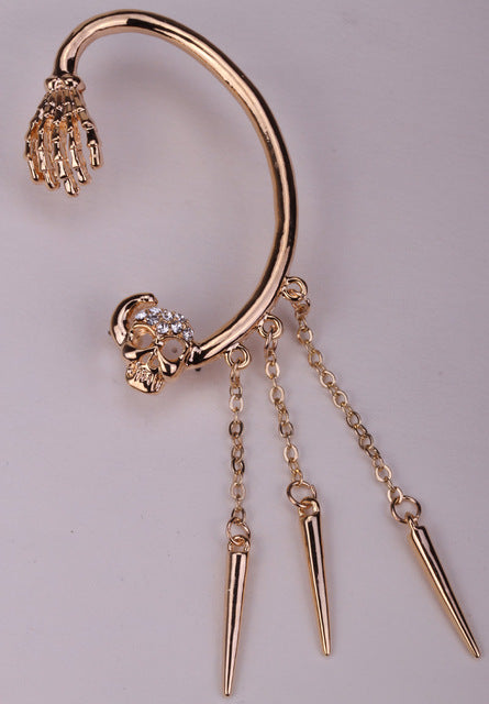 Skull skeleton hand left ear cuff earrings ear clip for women W/ crystal SC61 biker hiphop jewelry