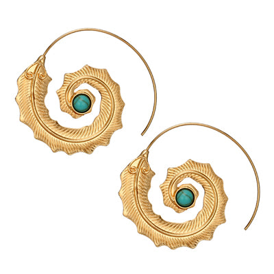 Indian Spiral Leaf with Green Rhinestone Drop Earrings for Women Punk Gold Silver Circle Dangle Earring Oorbellen
