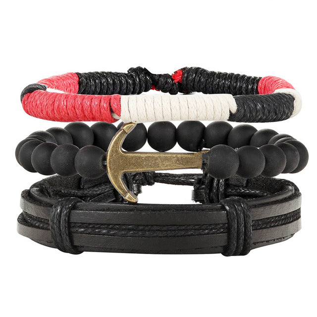 New Fashion Bead Leather Bracelets & bangles for Women 3/4 pcs 1 Set Multilayer Wristband Bracelet Men Pulseiras
