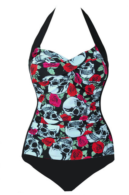 Sexy Women Strappy One Piece Swimsuit Push Up Skull Print Halter