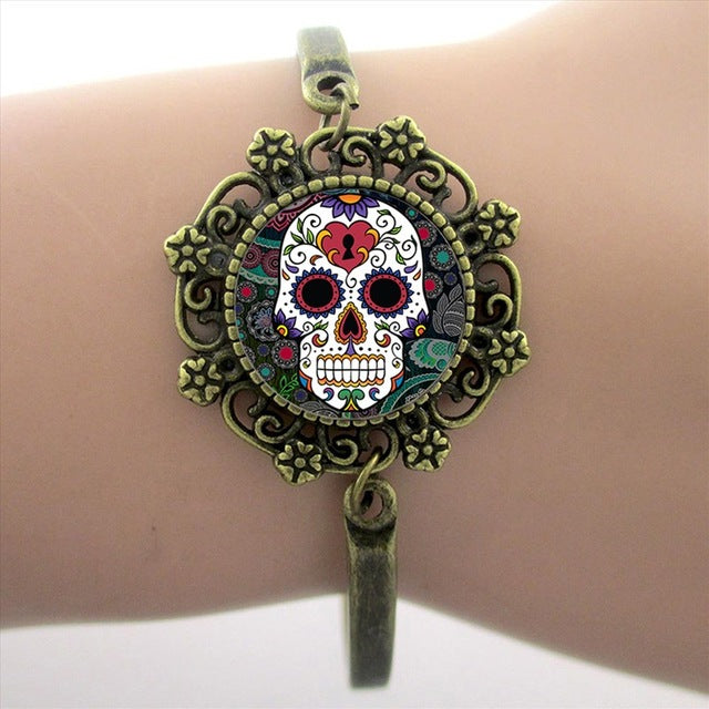Sugar Skull Bracelets Skeleton Glass Gem Lace Charm Jewelry